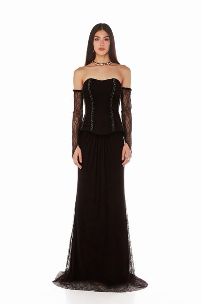 Kahverengi Peplum Detaylı  Dantelli Abiye  Elbise